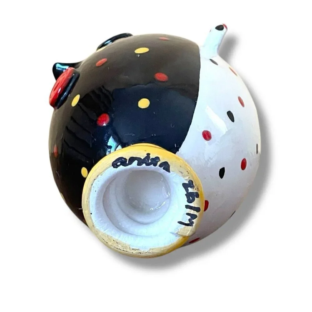 Anita Griffith Art Pottery Bud Vase Whimsical Face with Crown Polka Dot Signed